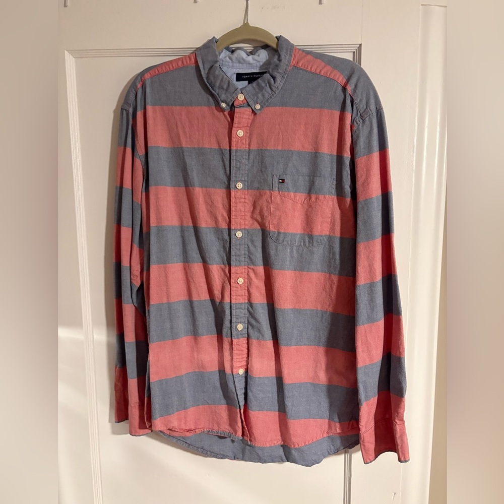 TOMMY HILFIGER Coral & Blue Striped Shirt Button Down Shirt